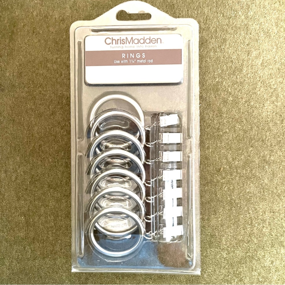 Chris Madden Satin Nickel curtain rings &  hooks. Set of 7. New unopened package